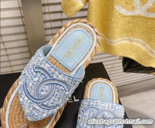 Grade Quality Chanel Tweed Flat Thong Sandals Blue 051971