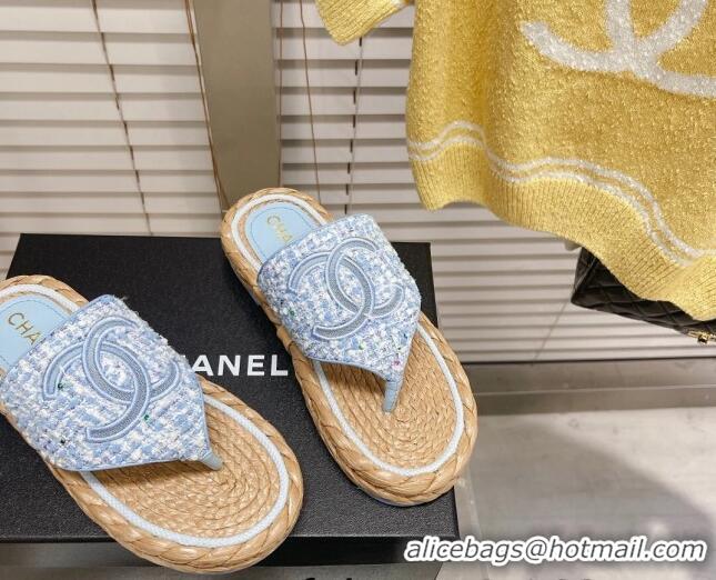 Grade Quality Chanel Tweed Flat Thong Sandals Blue 051971