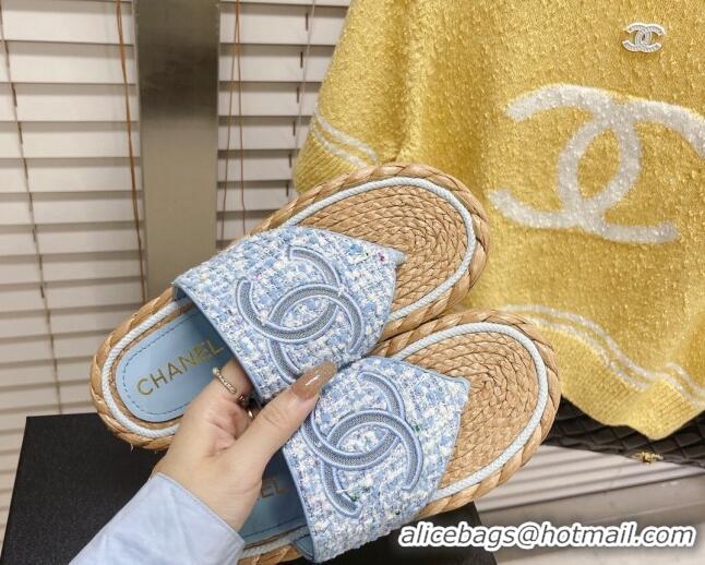 Grade Quality Chanel Tweed Flat Thong Sandals Blue 051971