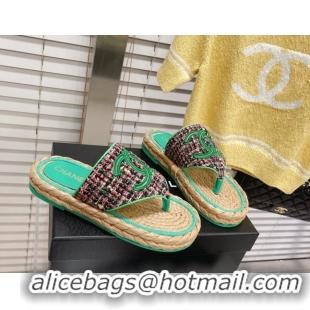 Most Popular Chanel Tweed Flat Thong Sandals Green 05197