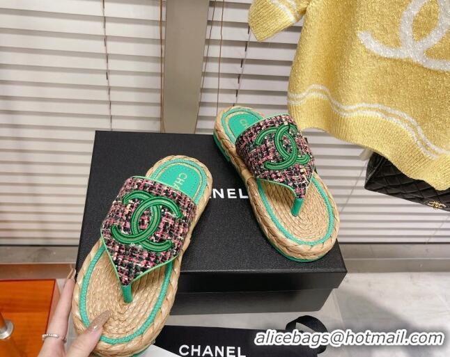 Most Popular Chanel Tweed Flat Thong Sandals Green 05197