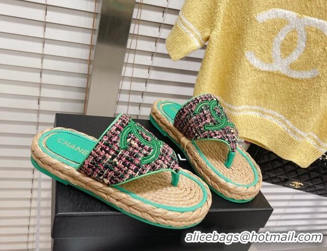 Most Popular Chanel Tweed Flat Thong Sandals Green 05197