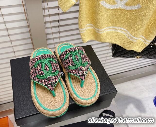 Most Popular Chanel Tweed Flat Thong Sandals Green 05197