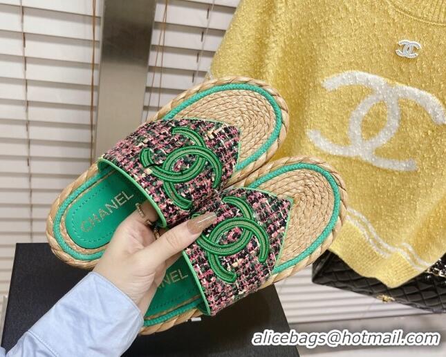 Most Popular Chanel Tweed Flat Thong Sandals Green 05197