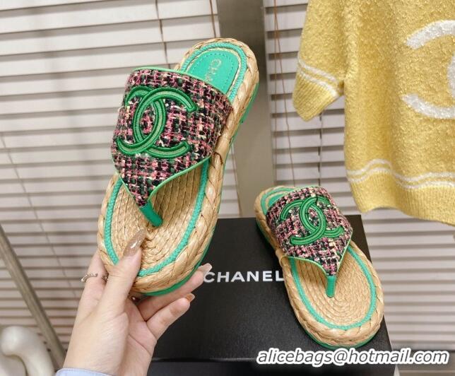 Most Popular Chanel Tweed Flat Thong Sandals Green 05197