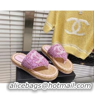 Pretty Style Chanel Tweed Flat Thong Sandals Purple 051973