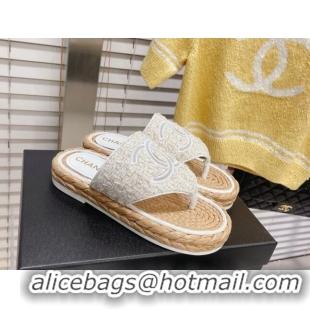 Fashion Chanel Tweed Flat Thong Sandals White 051974