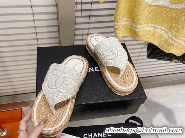 Fashion Chanel Tweed Flat Thong Sandals White 051974