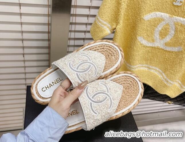 Fashion Chanel Tweed Flat Thong Sandals White 051974