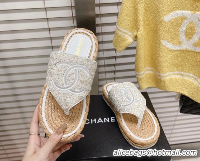 Fashion Chanel Tweed Flat Thong Sandals White 051974