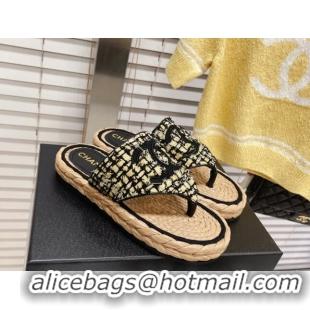 Stylish Chanel Tweed Flat Thong Sandals Black/Yellow 051975