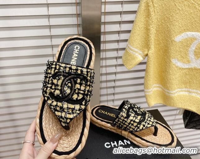 Stylish Chanel Tweed Flat Thong Sandals Black/Yellow 051975