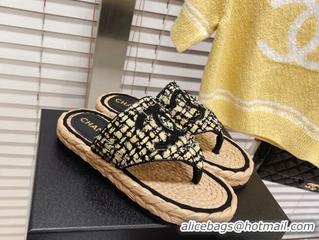 Stylish Chanel Tweed Flat Thong Sandals Black/Yellow 051975