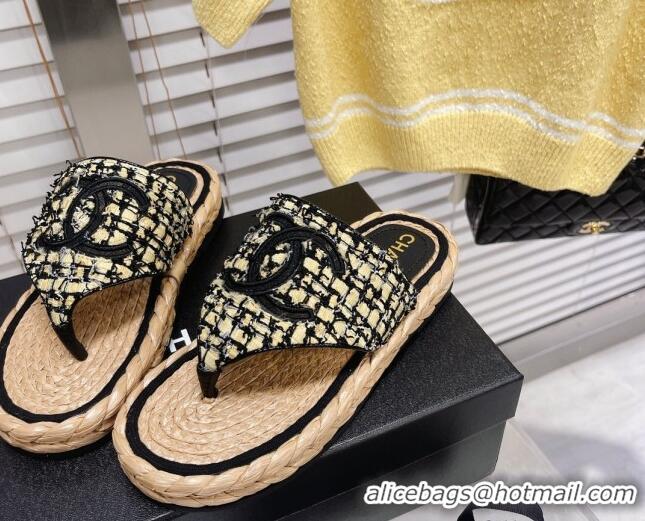 Stylish Chanel Tweed Flat Thong Sandals Black/Yellow 051975