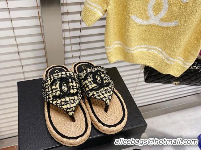 Stylish Chanel Tweed Flat Thong Sandals Black/Yellow 051975