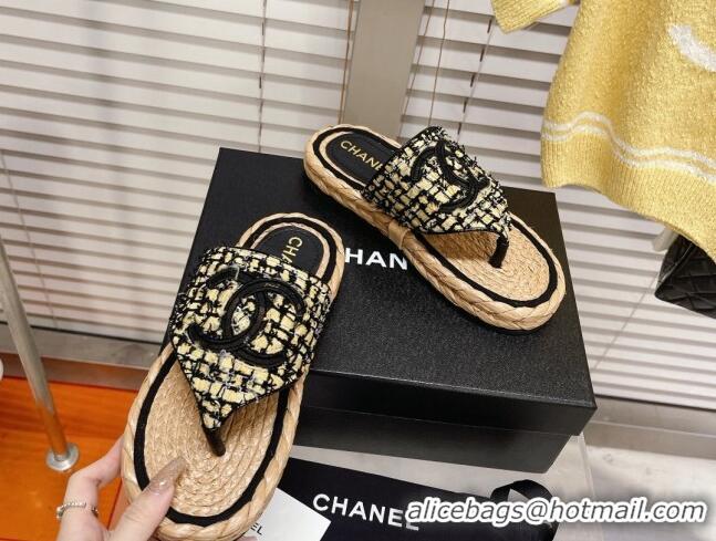 Stylish Chanel Tweed Flat Thong Sandals Black/Yellow 051975