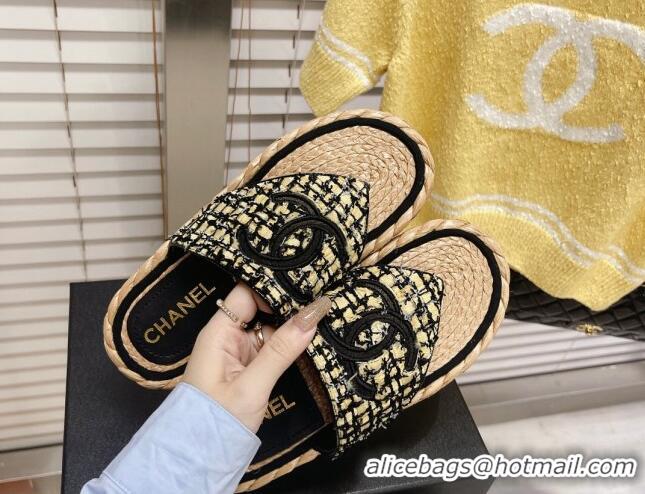 Stylish Chanel Tweed Flat Thong Sandals Black/Yellow 051975