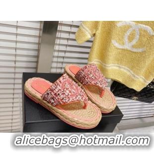 Crafted Chanel Tweed Flat Thong Sandals Orange 051976