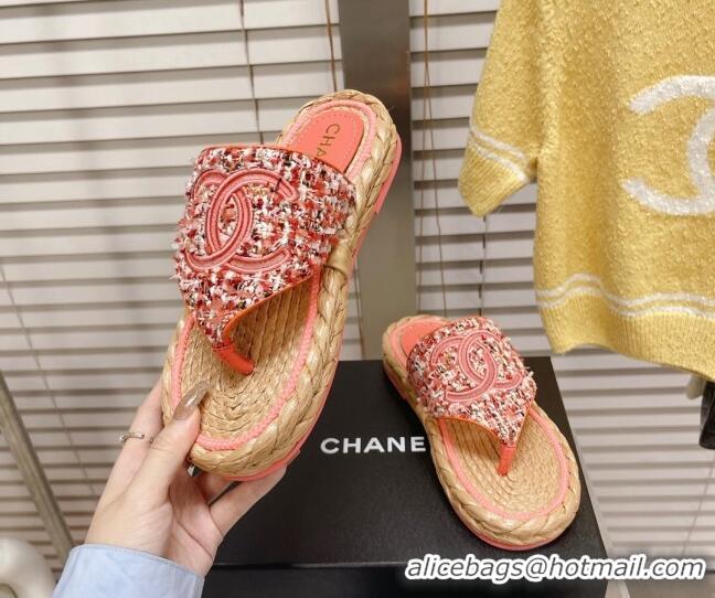 Crafted Chanel Tweed Flat Thong Sandals Orange 051976