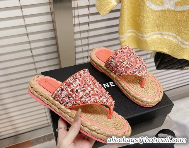 Crafted Chanel Tweed Flat Thong Sandals Orange 051976