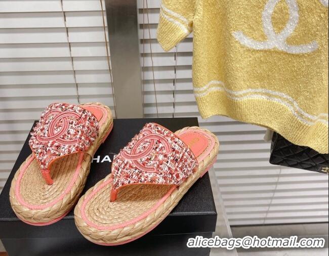 Crafted Chanel Tweed Flat Thong Sandals Orange 051976