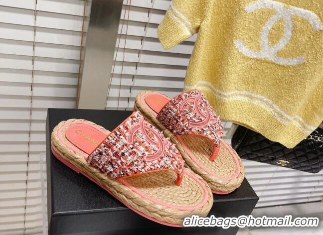 Crafted Chanel Tweed Flat Thong Sandals Orange 051976