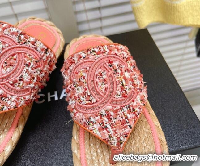 Crafted Chanel Tweed Flat Thong Sandals Orange 051976