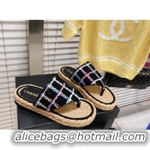 Unique Style Chanel Tweed Flat Thong Sandals Black 051978