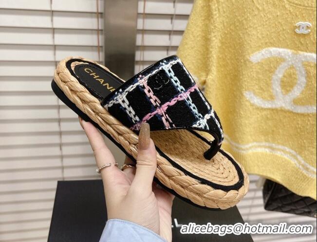 Unique Style Chanel Tweed Flat Thong Sandals Black 051978