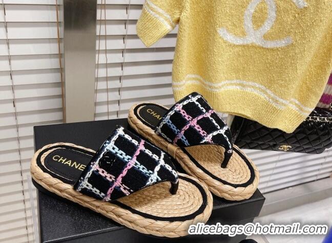 Unique Style Chanel Tweed Flat Thong Sandals Black 051978