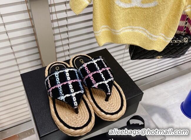 Unique Style Chanel Tweed Flat Thong Sandals Black 051978