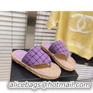 Grade Chanel Tweed Flat Thong Sandals Dark Purple 051979