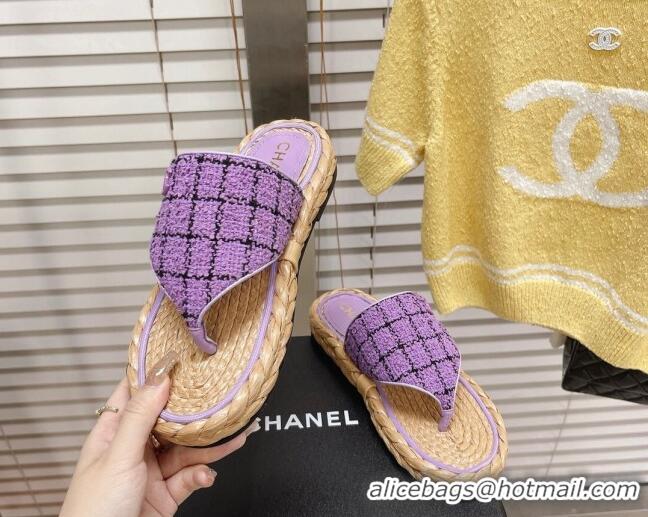 Grade Chanel Tweed Flat Thong Sandals Dark Purple 051979