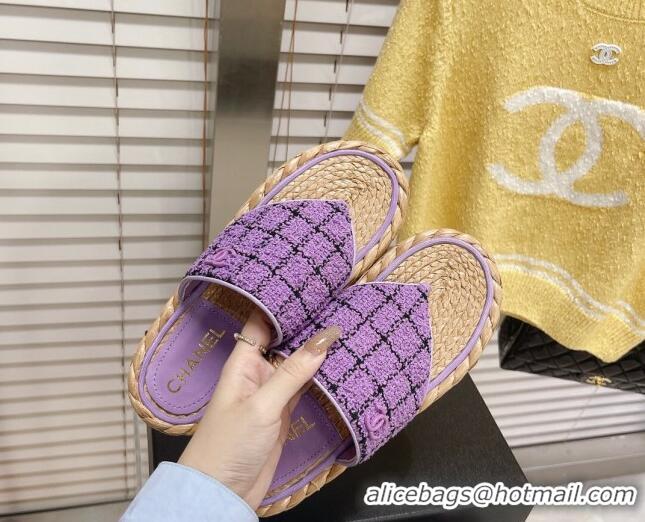 Grade Chanel Tweed Flat Thong Sandals Dark Purple 051979