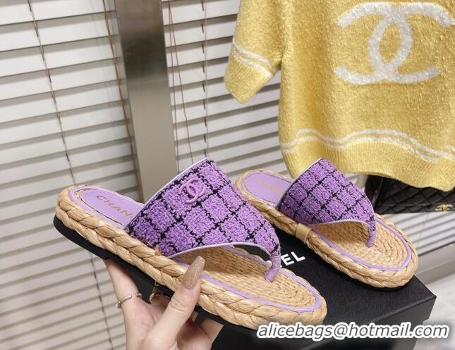 Grade Chanel Tweed Flat Thong Sandals Dark Purple 051979