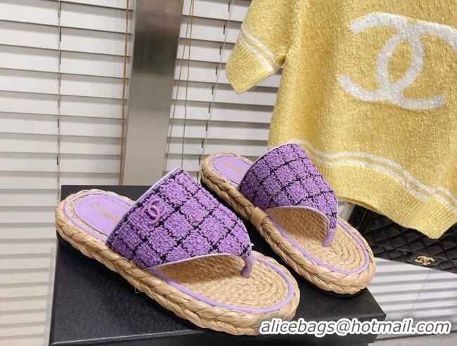 Grade Chanel Tweed Flat Thong Sandals Dark Purple 051979