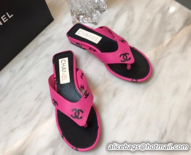 Most Popular Chanel CC Printed Lambskin Thong Sandals G38978 Dark Pink