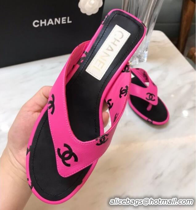 Most Popular Chanel CC Printed Lambskin Thong Sandals G38978 Dark Pink