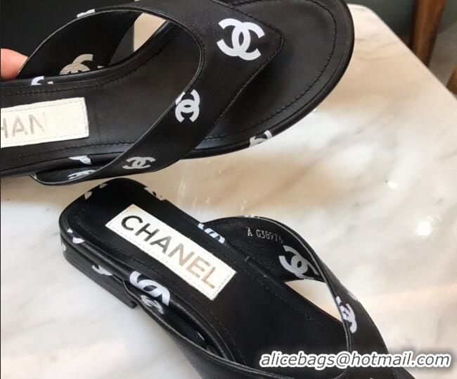 Charming Chanel CC Printed Lambskin Thong Sandals G38978 Black