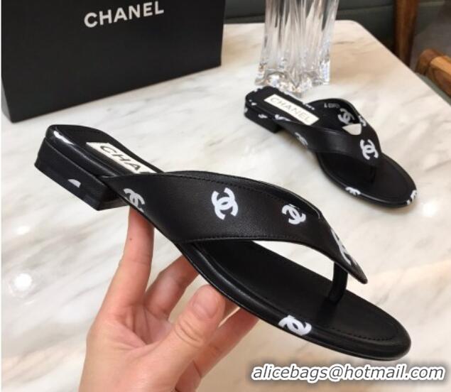 Charming Chanel CC Printed Lambskin Thong Sandals G38978 Black