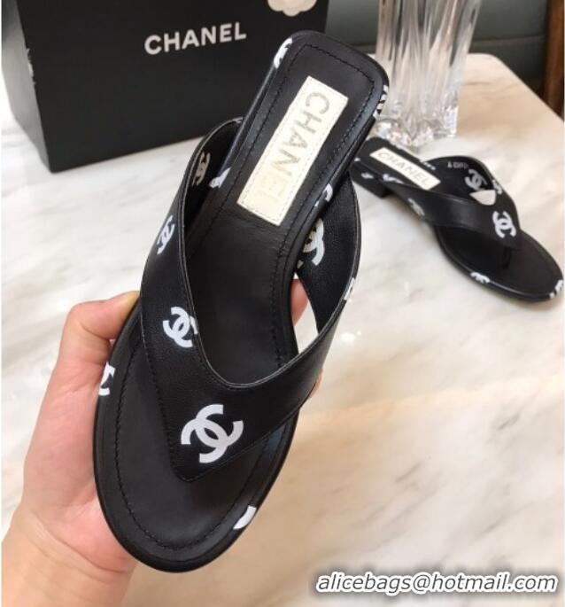 Charming Chanel CC Printed Lambskin Thong Sandals G38978 Black