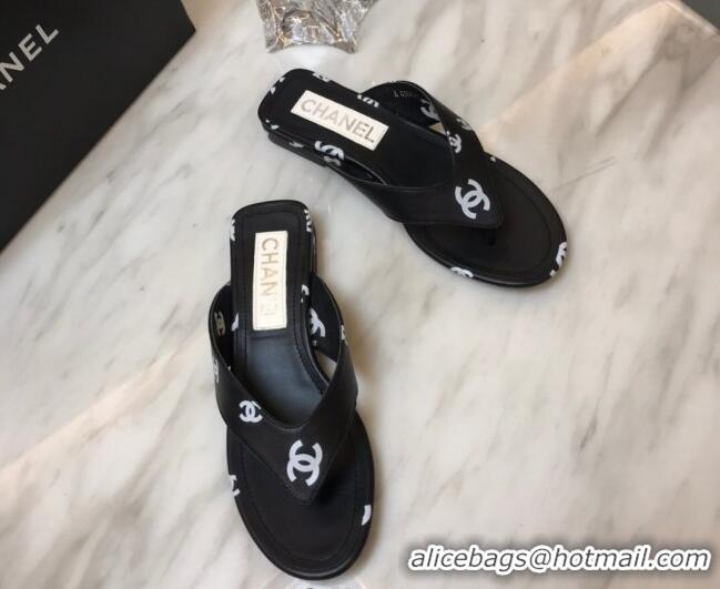 Charming Chanel CC Printed Lambskin Thong Sandals G38978 Black