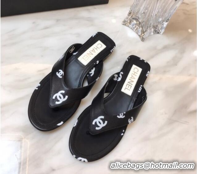 Charming Chanel CC Printed Lambskin Thong Sandals G38978 Black