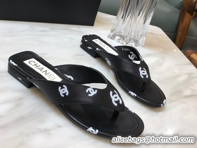 Charming Chanel CC Printed Lambskin Thong Sandals G38978 Black