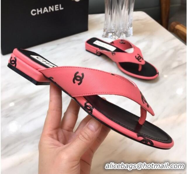 Stylish Chanel CC Printed Lambskin Thong Sandals G38978 Peach Pink