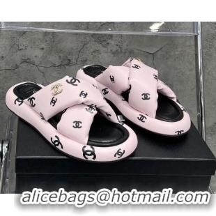 Grade Quality Chanel CC Printed Lambskin Cross Sandals Light Pink 052013