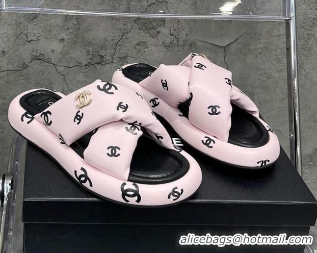 Grade Quality Chanel CC Printed Lambskin Cross Sandals Light Pink 052013