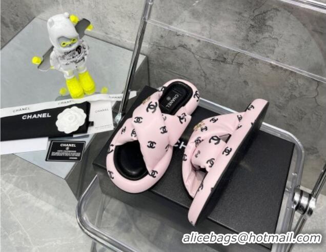 Grade Quality Chanel CC Printed Lambskin Cross Sandals Light Pink 052013