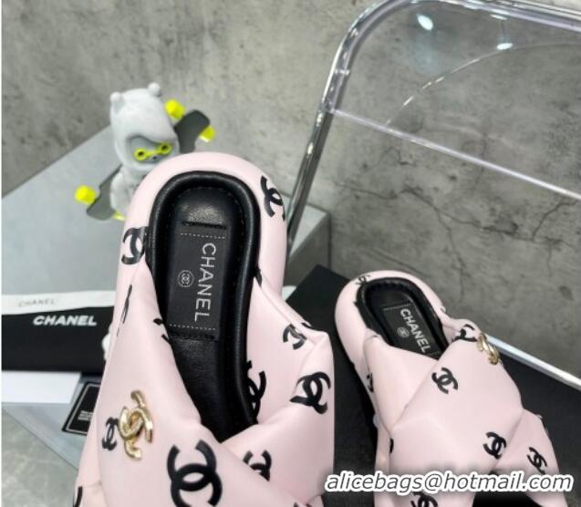 Grade Quality Chanel CC Printed Lambskin Cross Sandals Light Pink 052013