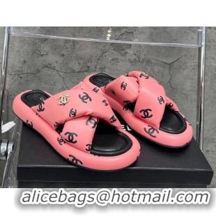 Low Cost Chanel CC Printed Lambskin Cross Sandals Peach Pink 052014